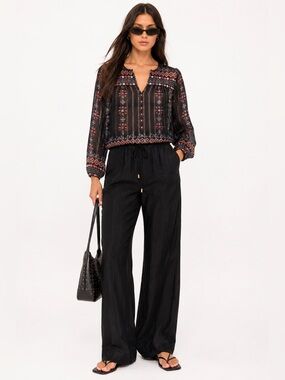 Joie Maguie Caviar Bohemian Print Blouse Navy Chiffon Metallic Size Small